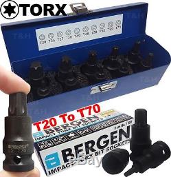 BERGEN IMPACT TORX BIT Sockets Set 1/2 Drive Impact TX Star Sockets T20 To T70