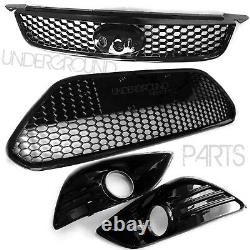 Ford Focus Mk2 Gloss Black Sport Honeycomb Front Bumper Grilles & Fog Surrounds