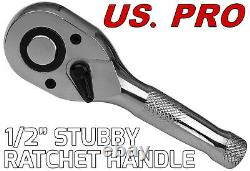US. PRO TOOLS 3pc Stubby Ratchet Handle Set 1/4 3/8 1/2 Short Socket Wrenches