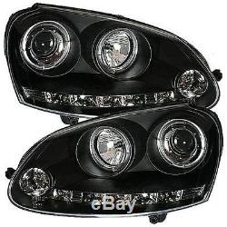 VW Golf Mk5 Black Twin Angel Eye Projector Headlights with LED DRL R8 strip