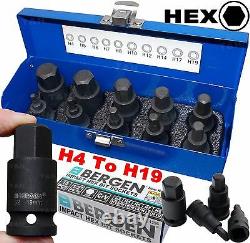 Bergen Impact Hex Bit Sockets Set 1/2 Dr Impact Allen Keys H4 To H19 S2 Steel