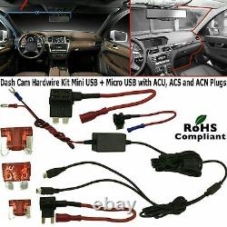 Mini Usb + Micro Usb Dash Cam Hardwire Charger Kit Avec Acu, Acs & Acn Plugs Fuse